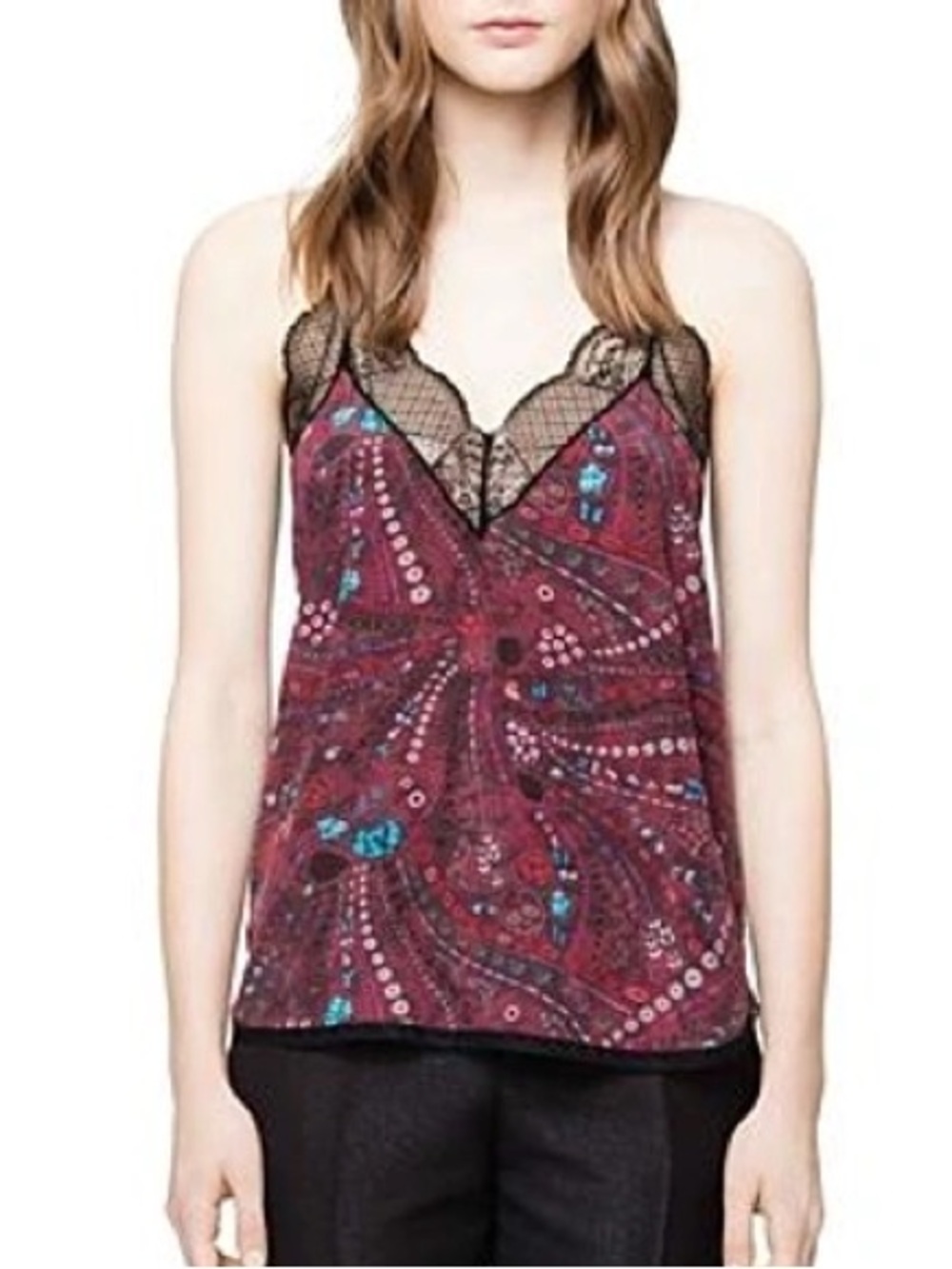 NEW Zadig & Voltaire Christy Psyche Black Lace Trim Red Camisole blouse top Lg